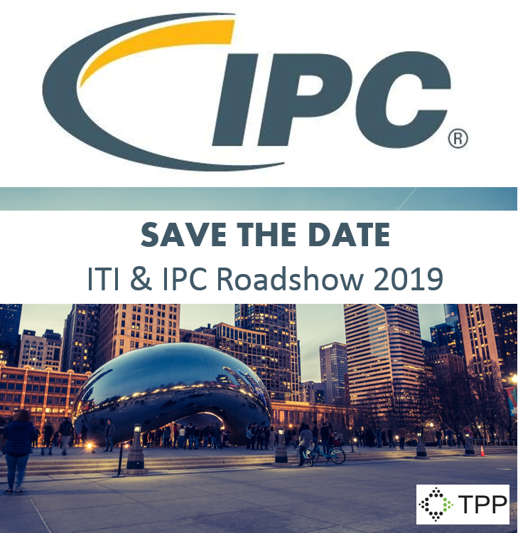 Panoramic image of the Chicago bean sculpture with the text above reading "IPC: Save the Date. ITI & IPC Roadshow 2019"