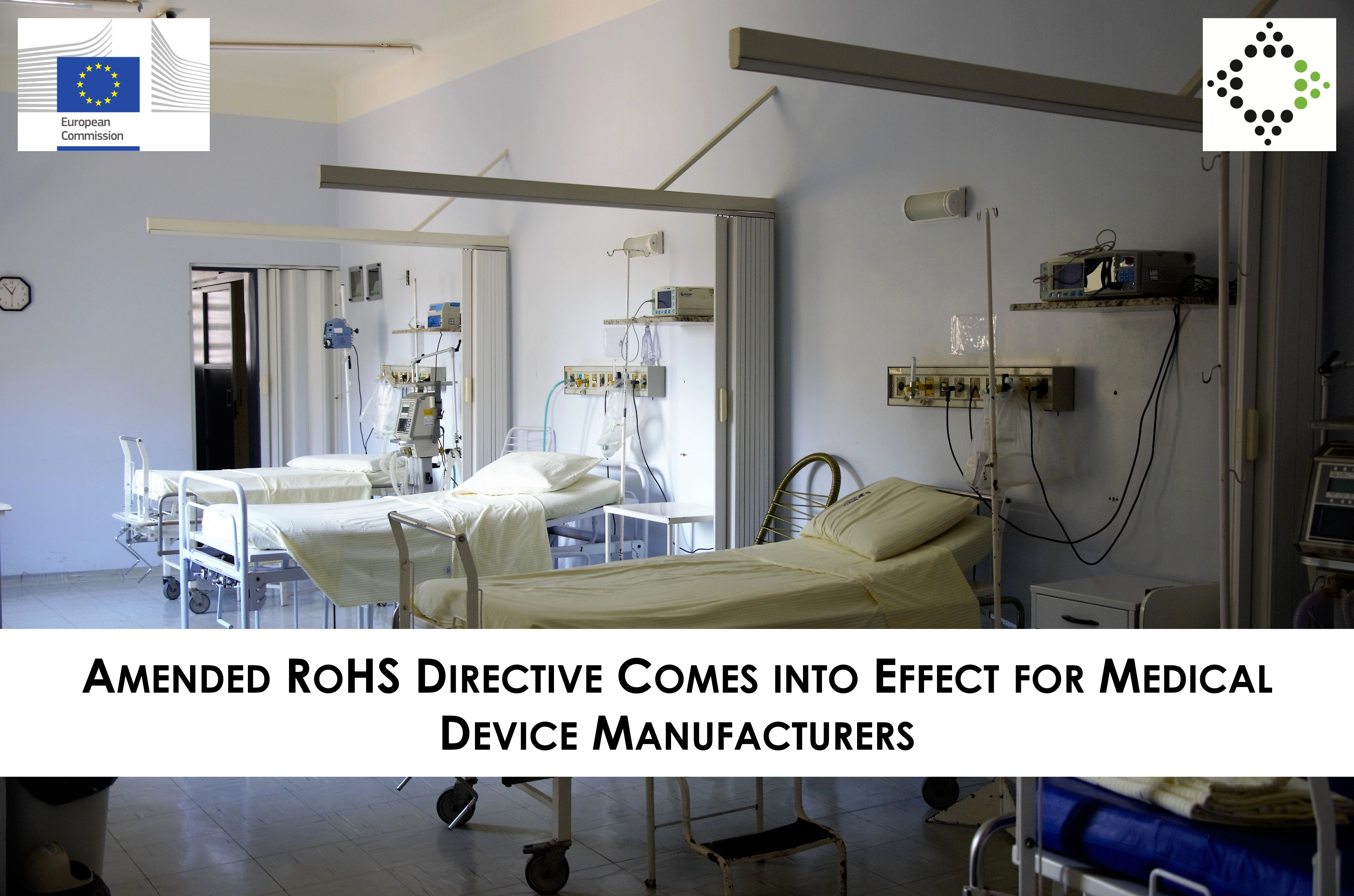 All white hospital room with two beds and RoHS Directive approved medical devices.